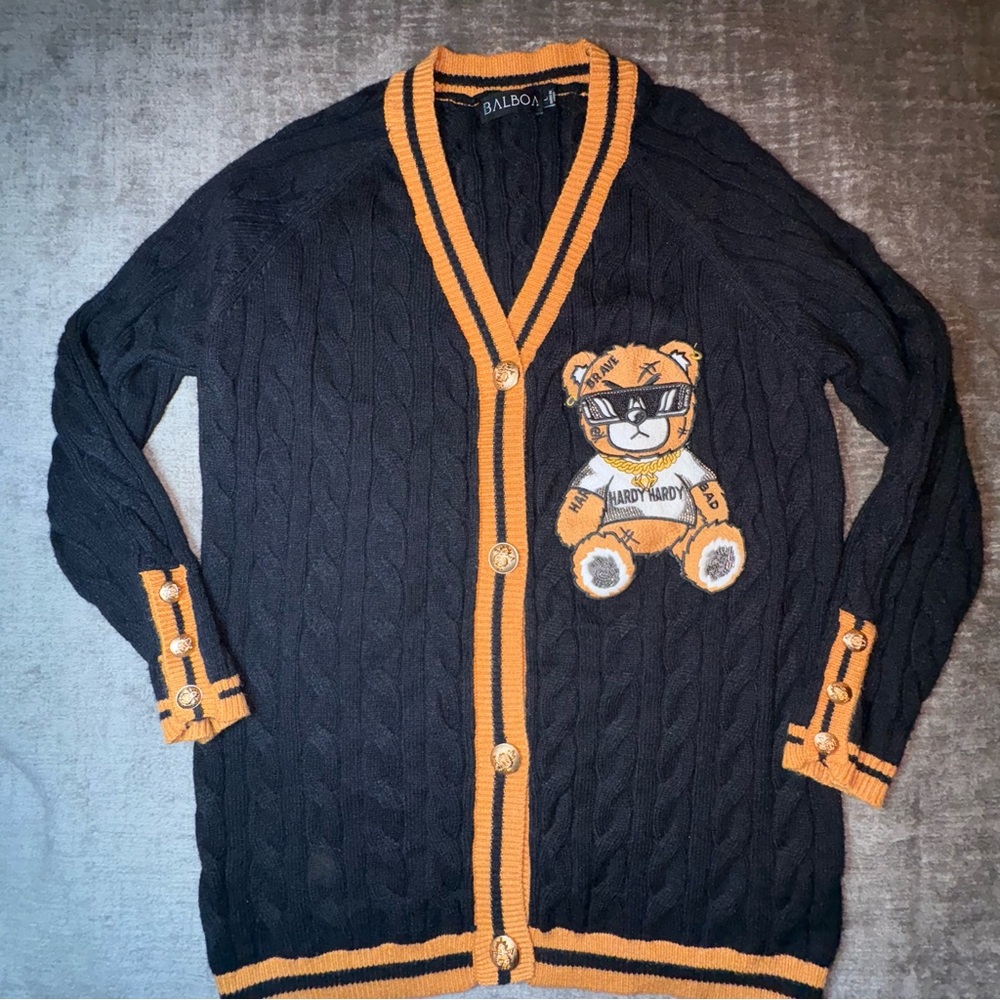 Black Knit Cardigan Bear Patch LARGE Brown Details Balboa Large Buttons Preppy